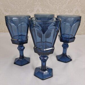 Fostoria Glass Virginia Wine Glasses Dark Denim Blue Set of 4 Vintage